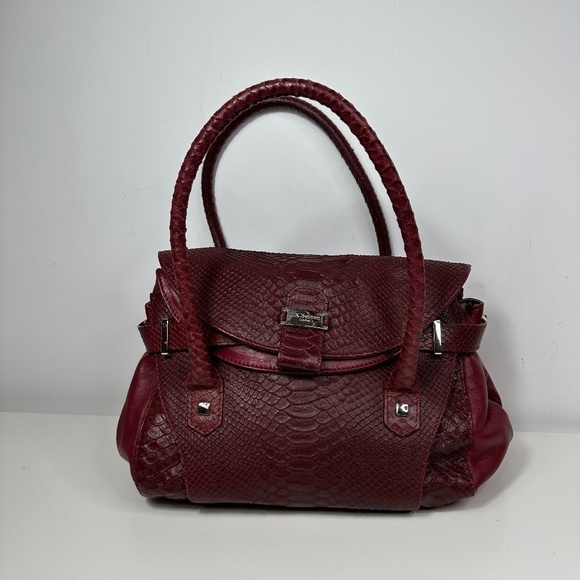 L.K.BENNETT LONDON BURGUNDY RED SNAKESKIN LEATHER  HANDBAG SATCHEL - Picture 1 of 16